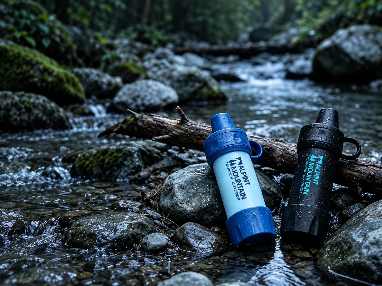 Illustrative ALPINT MOUNTAIN campaign scene showing compact black and blue filters beside a woodland stream