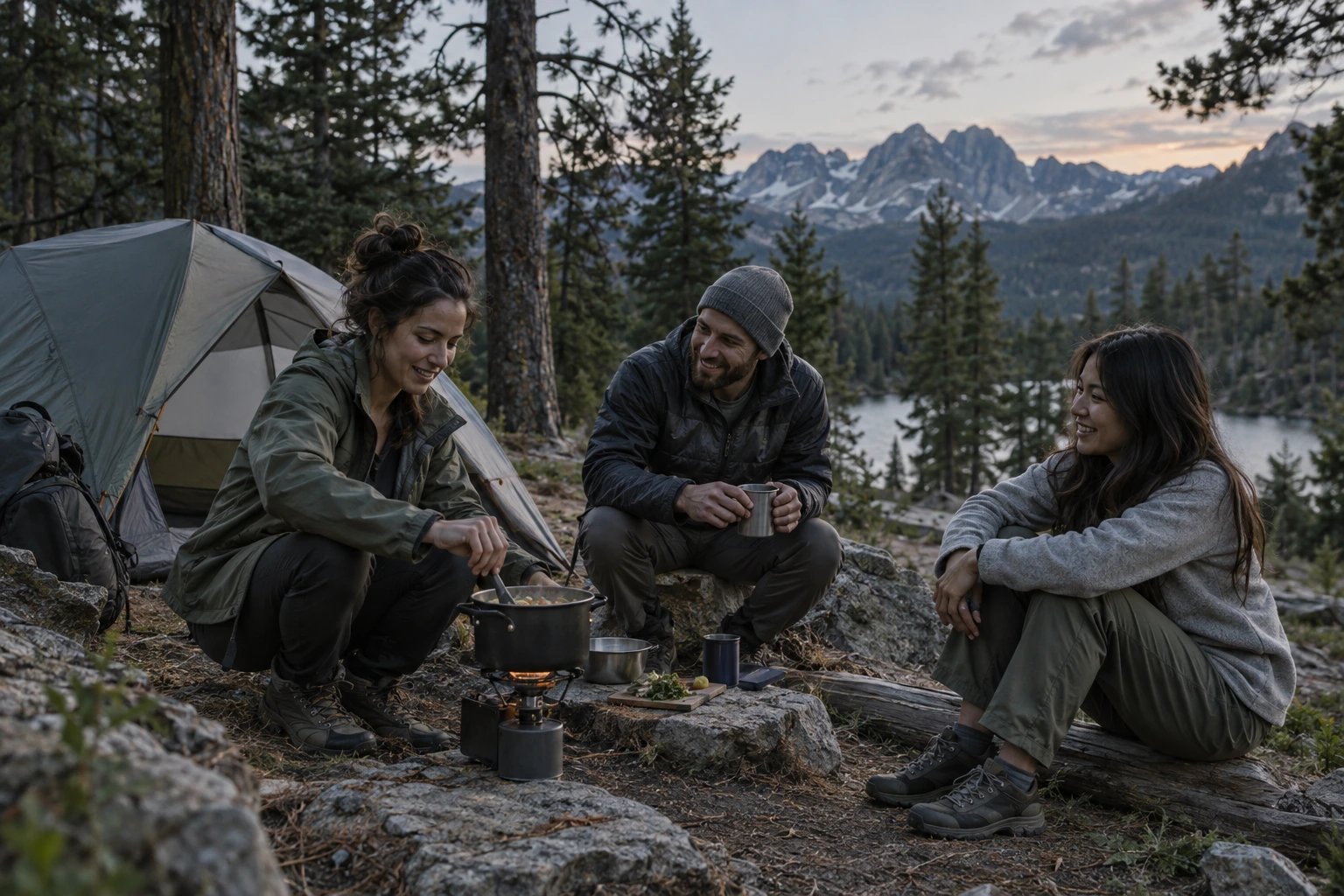 Outdoor campaign scene of friends sharing a quiet meal at a pine-forest campsite