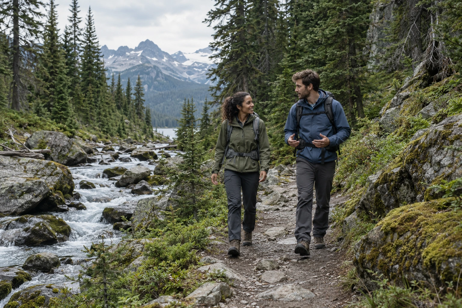 Outdoor campaign scene of two friends hiking a forest trail beside an alpine creek