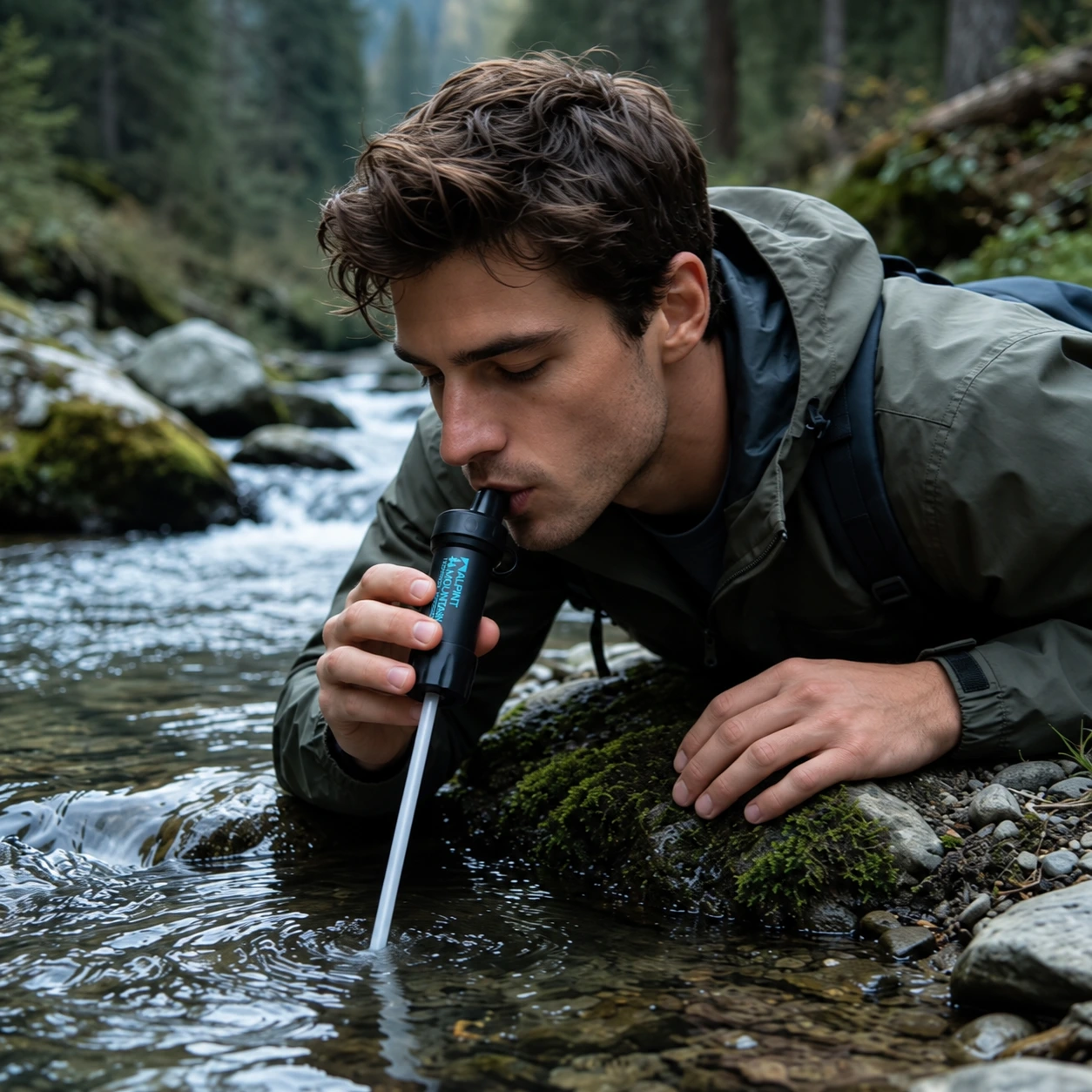 Illustrative ALPINT MOUNTAIN campaign scene of a hiker drinking through the Filter Straw beside a mountain river
